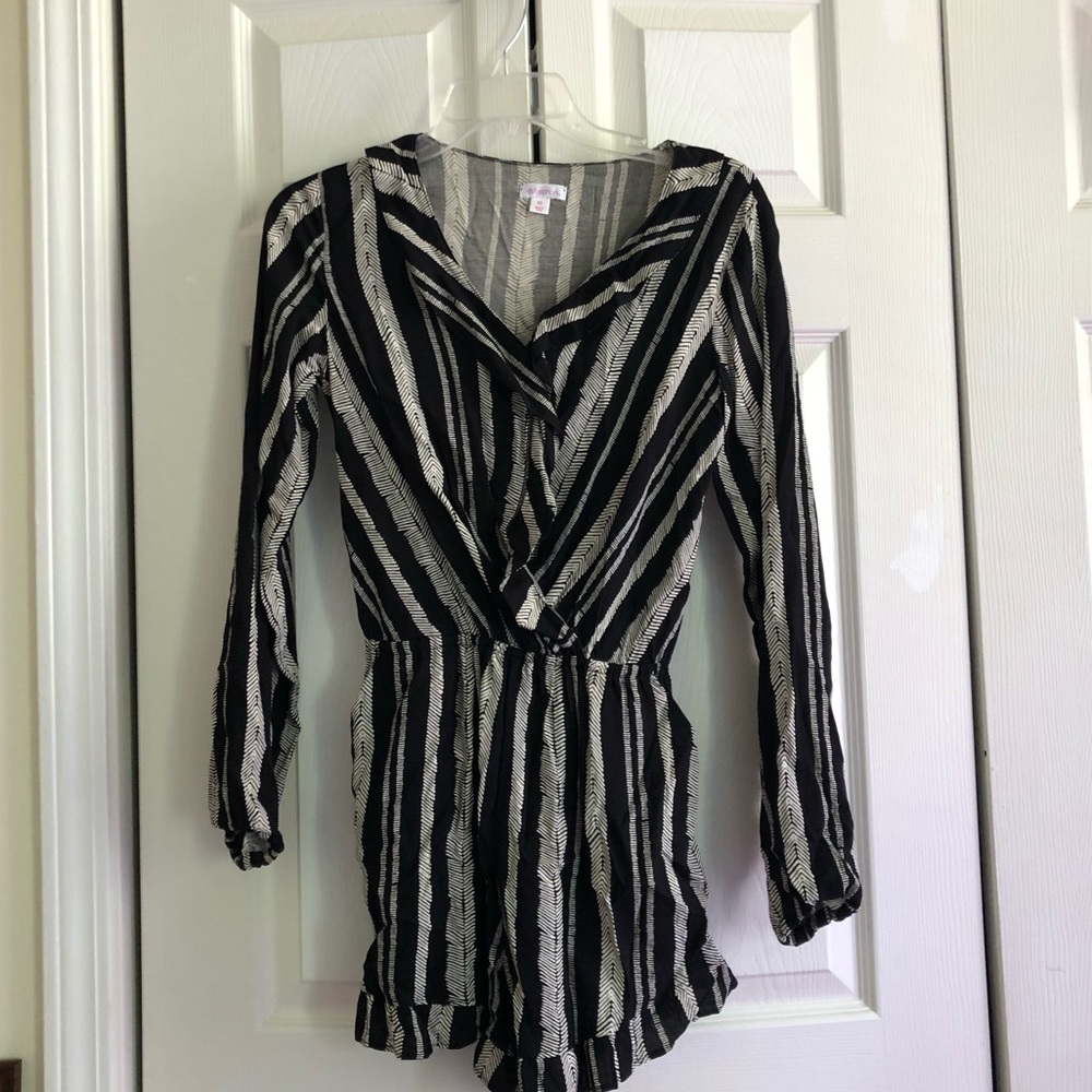 Black and white tribal striped romper with pockets